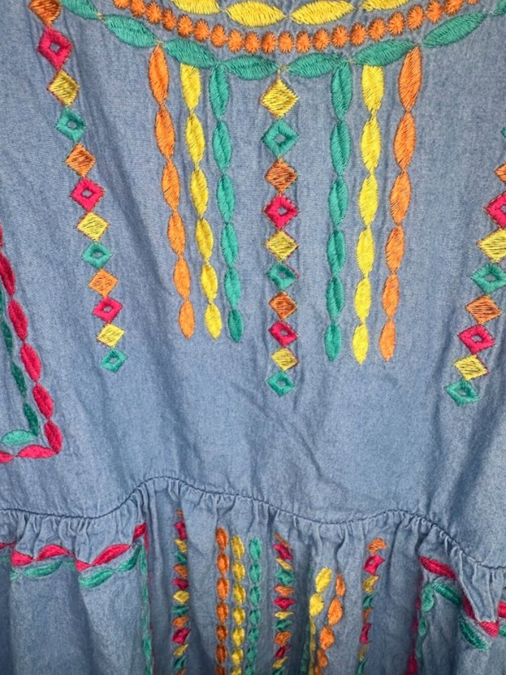 Savanna Jane Colorful Embroidered Chambray Boho Babydoll Dress - S - Picture 7 of 8